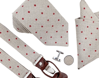 Men's Tie Set - Natural/Red Polka Dots: Regular Necktie, Slim Tie, Skinny Tie, Suspenders with Leather, Cufflinks, Pocket square, Groom Tie