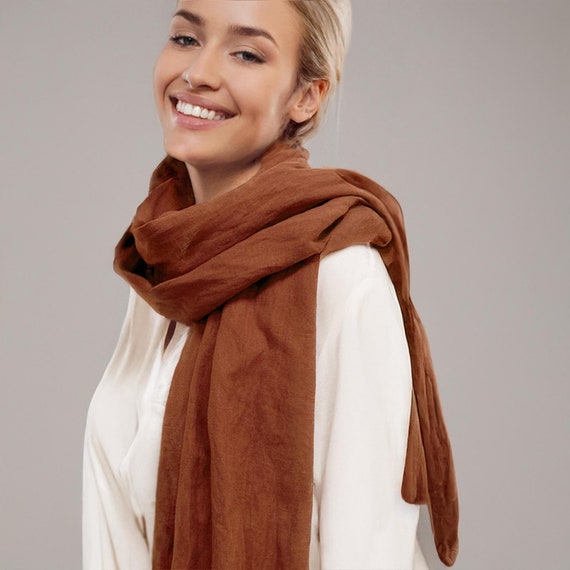 Burnt Orange Linen Scarf/ Unisex Scarf/ Stylish Natural Linen Shawl/Oversize Natural Linen Scarf