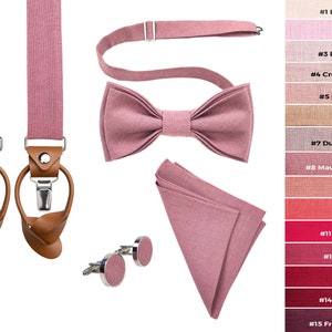 MAUVE QUARTZ suit accessories: Mauve Quartz Bow tie, Cufflinks, Mauve Quartz Pocket Square, Mauve Quartz Suspenders with Leather ends