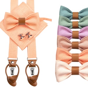 PEACH men accessories with leather details: Peach Bow tie with leather, Cufflinks, Peach Pocket Square, Peach Suspenders with Leather ends