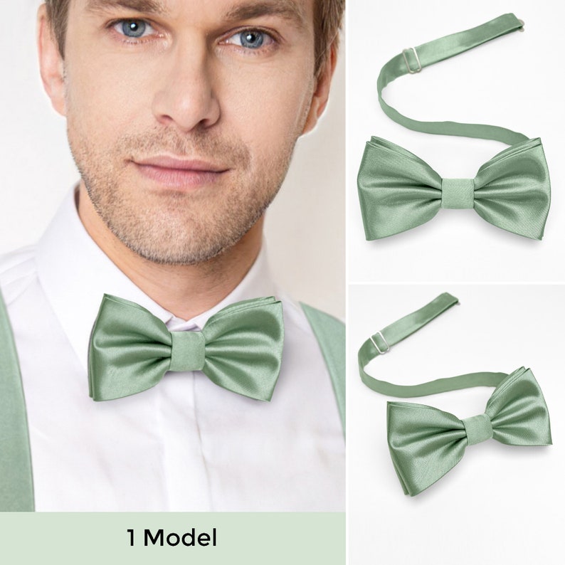 Light sage green pre-tied bow tie in satin for groom and groomsmen. It is a perfect gift for Groom and Groomsmen.