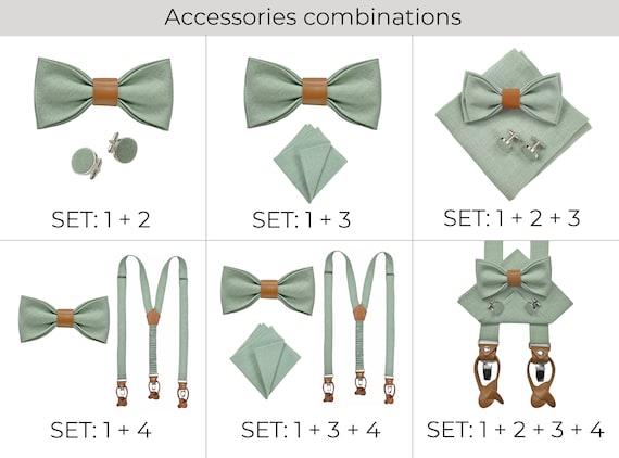 Ensemble Nœud Papillon Vert + Pochette + Boutons De Manchette - Soie/polyester, Tenue Mariage, Soirée élégante