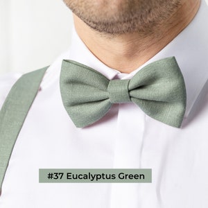Eucalyptus green linen bow tie and suspenders are shown on the model.