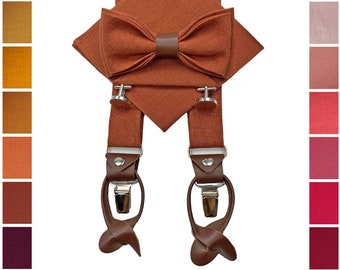 BURNT ORANGE BOW tie with leather details: Bow Tie, Burnt Orange Cufflinks,  Burnt Orange Pocket Square,  Dark Orange Suspenders