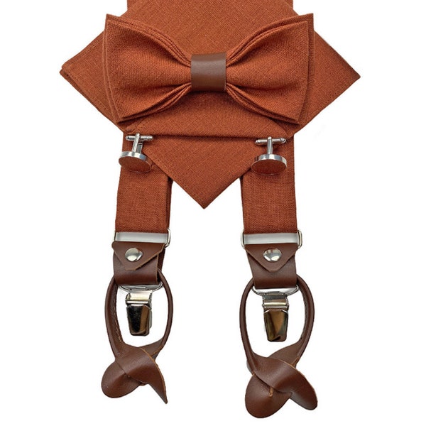 BURNT ORANGE BOW tie with leather details: Bow Tie, Burnt Orange Cufflinks,  Burnt Orange Pocket Square,  Dark Orange Suspenders