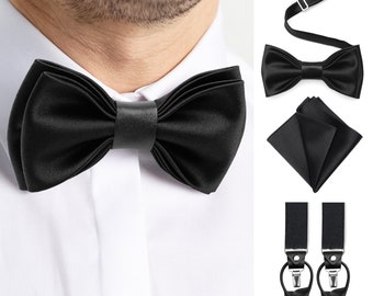 Buy Black Satin Bow Tie With Leather, Black Satin Suspenders With