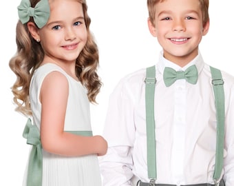 Wedding Flower Girl Hair Bow Light Sage green, Wedding Sash Belt Light Sage green, Wedding Boys Groomsmen Bow ties and Suspenders Sage green