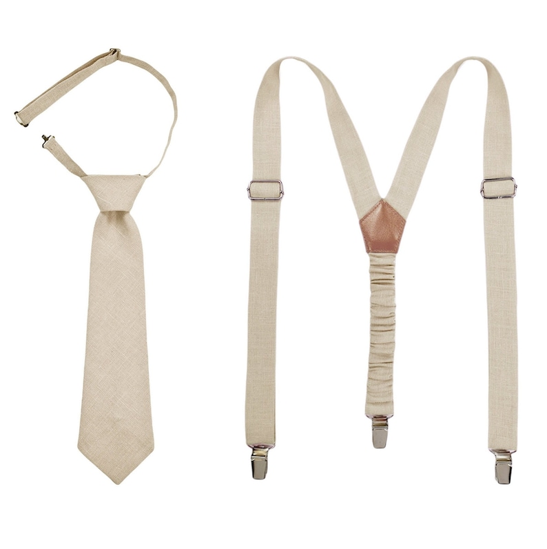 Beige Child Pre-tied Tie, Beige Child Suspenders, Beige Toddler Pre-tied Necktie and Suspenders, Beige Teens Tie and Braces, Beige Adult Tie image 3