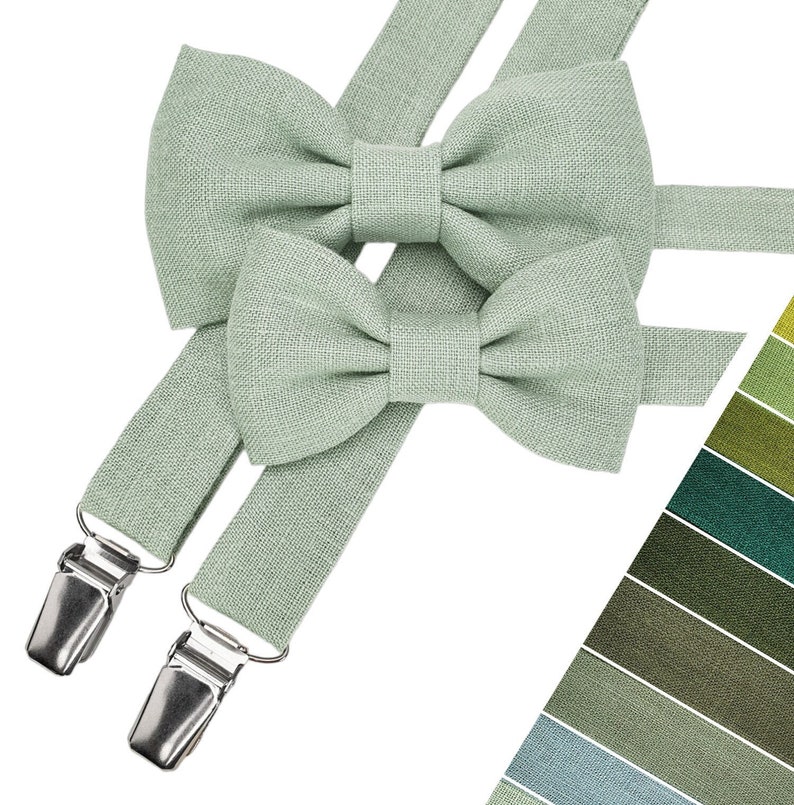 Light Sage Green Child Bow Tie, Light Sage Green Child Suspenders, Toddler Bow tie and Braces, Child Pre-tied Tie, Youth Pre-tied Necktie zdjęcie 1