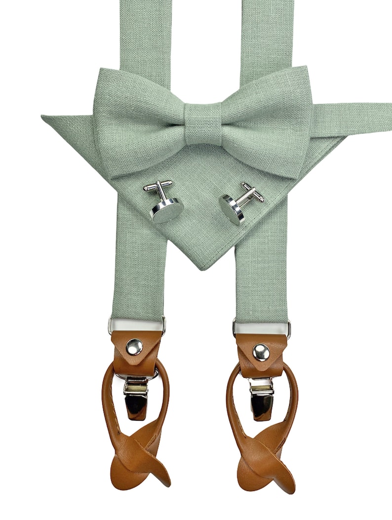 Sage green bow tie set.
Ensemble nœud papillon vert sauge.
Salbeigrunes Fliege Set.