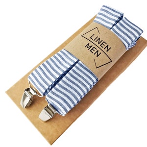 White Blue Stripes Suspenders / White Blue Stripes Braces / Wedding Bow Tie/ Linen Cufflink /  White Blue Stripes Suspenders And Bow Tie