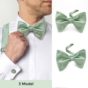 Oversized sage green satin bow tie for man. Large bow tie and other accessories for groom.