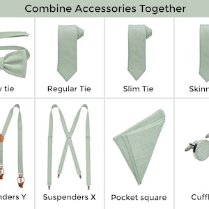 All different accessories are listed by name and photo: Bow tie, Regular Necktie, Slim tie, Skinny tie, Cufflinks, Pocket square, Suspenders Y type with leather, Suspenders X type. You can combine accessories together.