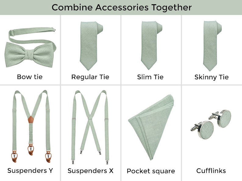 All different accessories are listed by name and photo: Bow tie, Regular Necktie, Slim tie, Skinny tie, Cufflinks, Pocket square, Suspenders Y type with leather, Suspenders X type. You can combine accessories together.