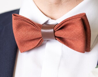 Burnt Orange Bow Tie with leather, Burnt Orange Cufflinks, Burnt Orange Pocket Square, Burnt Orange Suspenders with brown leather ends
