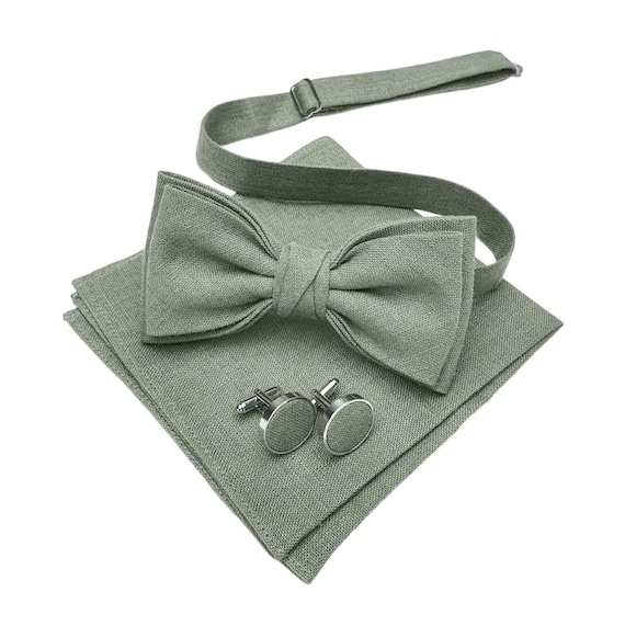 Ensemble Boutons De Manchette Et Nœud Papillon En Soie Vert Pour Homme - Avec Mouchoir De Poche