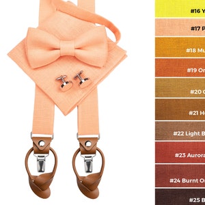 PEACH men&#39;s accessories: Peach Bow Tie, Suspenders with leather ends, Cufflinks, Pocket Square, Braces with clips and leather button straps