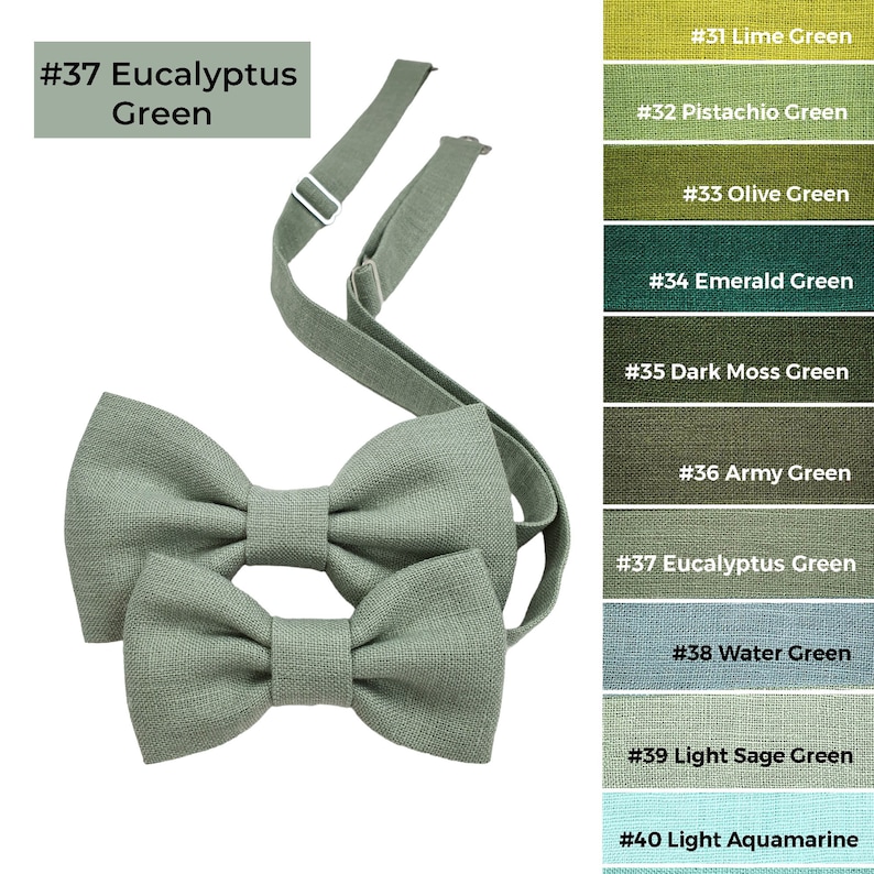 Eucalyptus Green colors linen pre-tied bow ties in Adult and child sizes. The bow tie has an attached adjustable strap.
