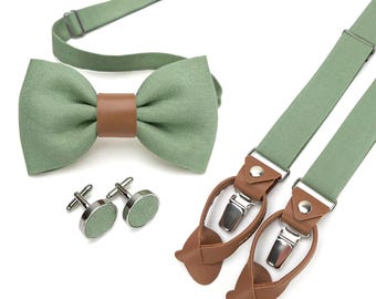 EUCALYPTUS GREEN Men's Accessories with leather: Eucalyptus Bow Tie, Cufflinks, Pocket Square, Eucalyptus green Suspenders with leather ends