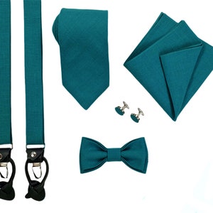 Teal Green Men Accessories: Regular Tie, Slim Tie, Skinny tie, Bow Tie, Suspenders with leather ends, Cufflinks, Pocket Square, Groom Tie