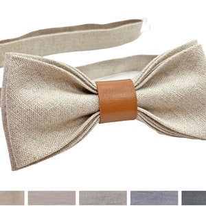 Natural colour BOW TIE with leather details, Cufflinks, Pocket Square, Suspenders with leather ends