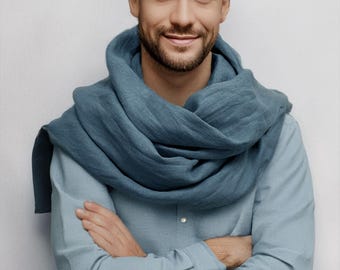 Blue Linen Scarf for Women and Men, Dusty blue Women Shawl, Teal Green Men's Scarf, Blue Wedding Shawl Scarf, Scarves Gift, Navy blue Scarf