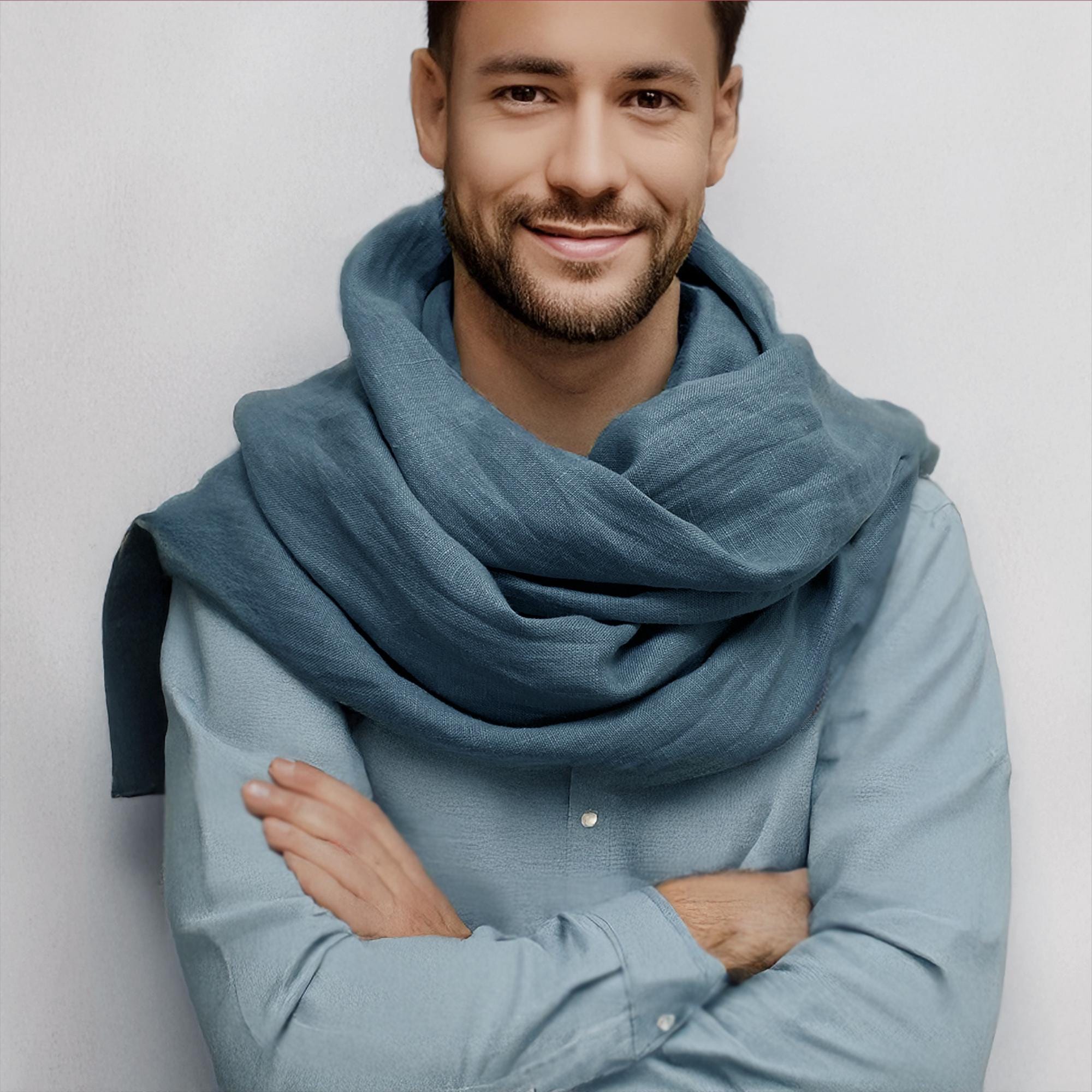 Blue Linen Scarf for Women and Men, Dusty Blue Women Shawl, Teal