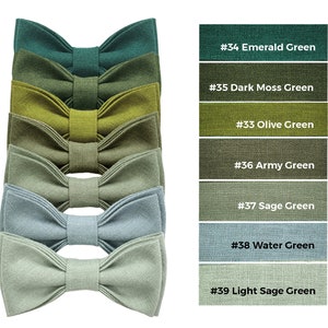 Green shades bow ties with color code and name: light sage green bow tie, sage green bow tie, water green bow tie, army green bow tie, olive green bow tie, dark moss green bow tie, emerald green bow tie.