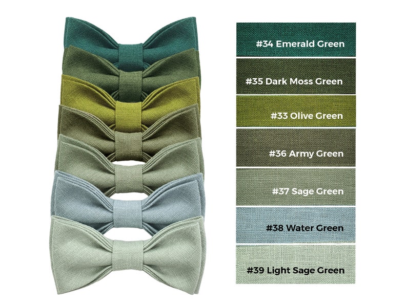 Green shades bow ties with color code and name: light sage green bow tie, sage green bow tie, water green bow tie, army green bow tie, olive green bow tie, dark moss green bow tie, emerald green bow tie.