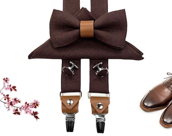 BROWN LINEN Bow Tie , Brown Suspenders With Leather Ends, Dark Chocolate Bow Tie,Brown Braces, Brown Cufflinks, Brown Pocket Square