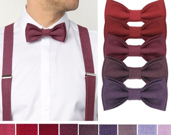 French Plum, Burgundy, Eggplant colour Bow Ties, Suspenders, Cufflinks, Pocket square. Wedding accessories in red, purple and similar shades