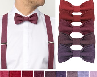 Prune Française, Bordeaux, Aubergine couleur Nœuds papillons, Bretelles, Boutons de manchette et Pochette. Accessoires de mariage Rouges