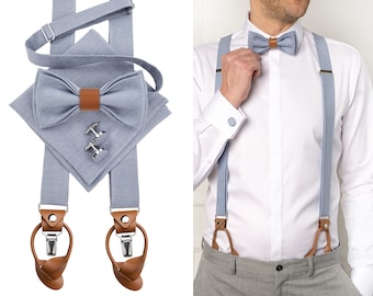 Dusty Blue Accessories with Leather: Dusty Blue Bow tie with leather, Cufflinks, Pocket Square, Dusty Blue Suspenders with Leather ends