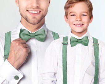 Eucalyptus Green Satin Bow tie for Man and Child, Eucalyptus Satin Bow tie Set for Wedding, Evening, Birthday, Christening, Party, Gift
