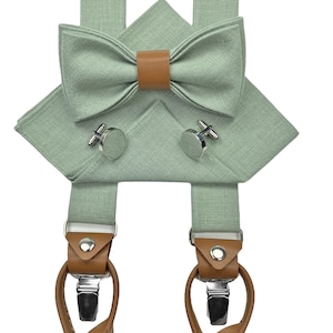 LIGHT SAGE GREEN Bow Tie with leather details: Bow Tie, Cufflinks, Pocket Square, Suspenders