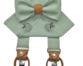 LIGHT SAGE GREEN Bow Tie with leather details: Bow Tie, Cufflinks, Pocket Square, Suspenders