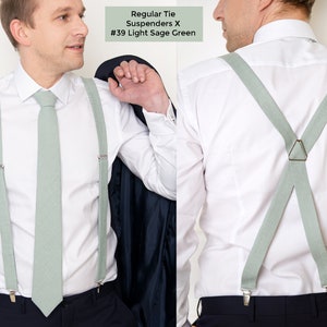 The front-view model wears the Light sage green color linen Regular size necktie and x-type suspenders with clips. On the right, the model from the back wears the same light sage green color linen X-type suspenders with clips.