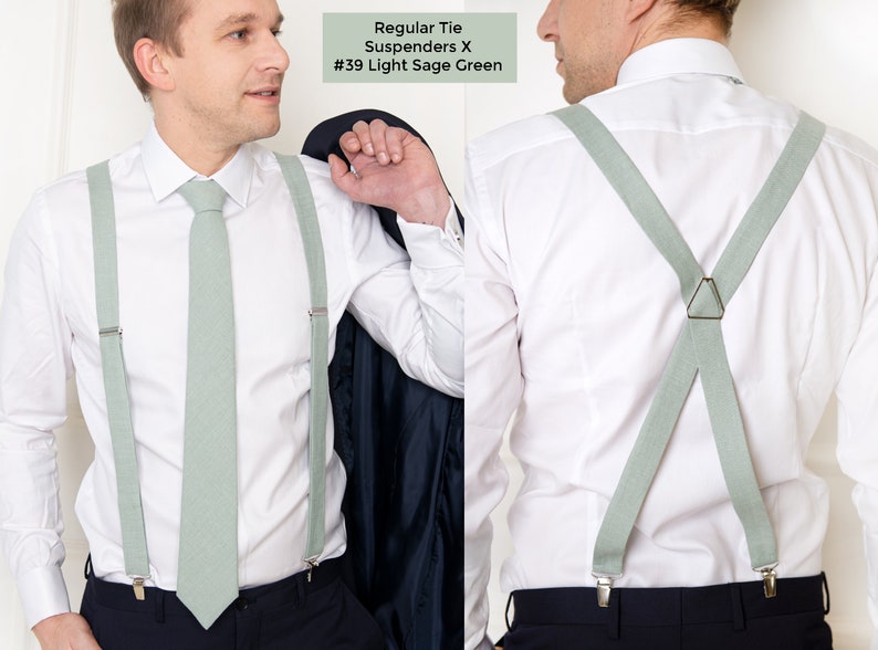 The front-view model wears the Light sage green color linen Regular size necktie and x-type suspenders with clips. On the right, the model from the back wears the same light sage green color linen X-type suspenders with clips.