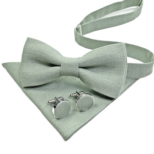 LIGHT SAGE GREEN man's accessories: suspenders with leather ends, Bow Tie, Cufflinks, Pocket Square, Bright Sage green suspenders