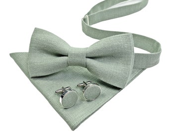 LIGHT SAGE GREEN herenaccessoires: bretels met leren uiteinden, vlinderdas, manchetknopen, pochet, Bright Sage groene bretels