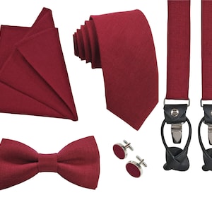 Burgundy Regular Tie, Slim Tie, Skinny tie, Burgundy Bow Tie, Burgundy Suspenders with leather ends, Burgundy Cufflinks, Pocket Square