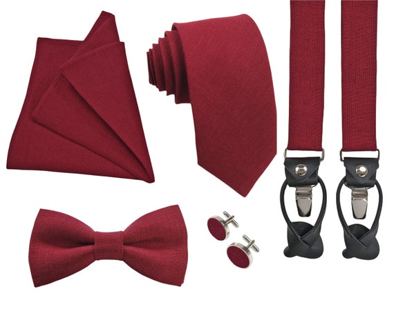 Burgundy Regular Tie, Slim Tie, Skinny Tie, Burgundy Bow Tie, Burgundy  Suspenders With Leather Ends, Burgundy Cufflinks, Pocket Square 