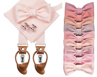 LIGHT BLUSH Bow Tie, Light blush Suspenders with leather ends, Cufflinks, Pocket Square, Braces with clips and leather button straps