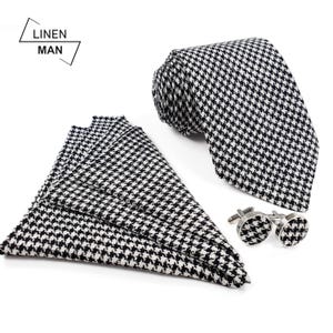 Black White Houndstooth Tie Set: Regular Tie, Slim Tie, Skinny Tie, Suspenders, Cufflinks, Pocket square, Tweed Check Tie Set, Gift Tie Set