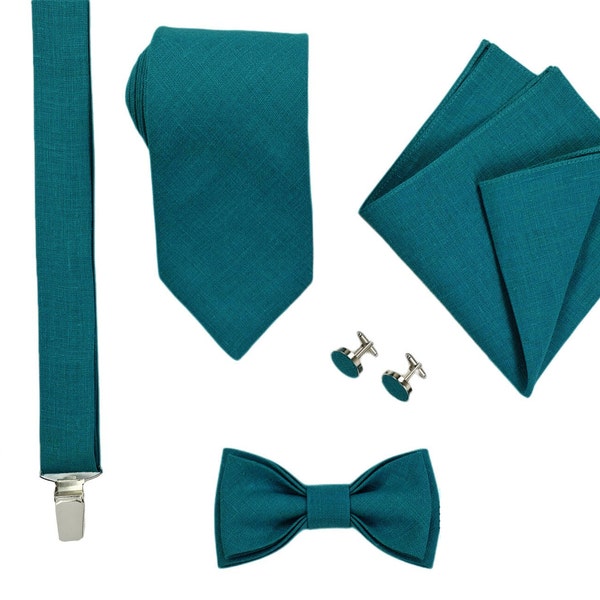 Teal Green Men's Suit Accessories: Regular Tie, Slim Tie, Skinny tie, Bow Tie, Suspenders, Cufflinks, Pocket Square, Teal Green Tie Set