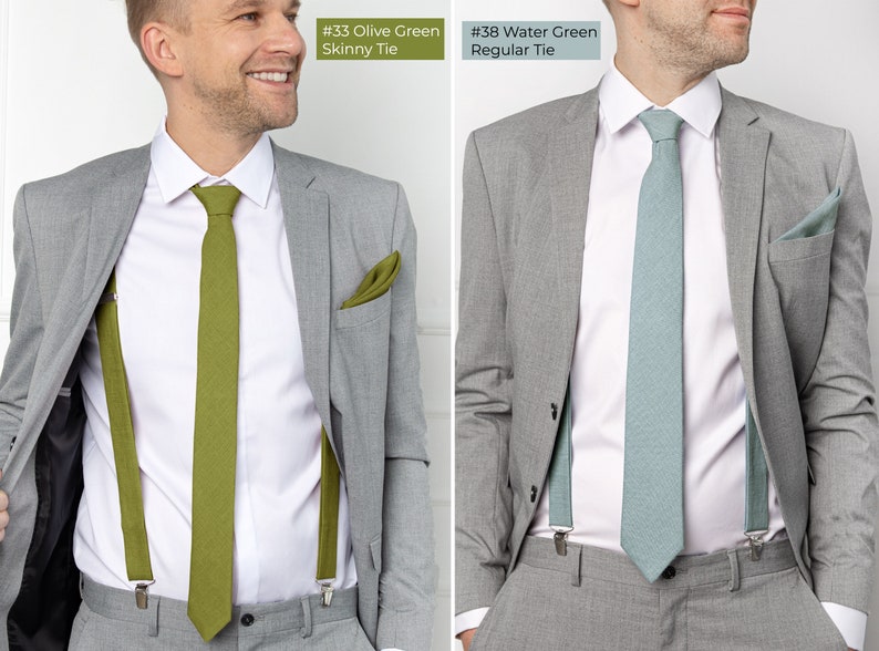 The model wears a wedding olive green color linen Siknny size tie, suspenders, and pocket square.
The groom wears a water green color linen tie, water-green suspenders, and a pocket square.
