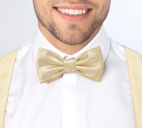 Champagne Wedding Bow Tie, Champagne Bow Tie Cufflinks Pocket Square Suspenders for Groom Groomsmen, Champagne Men's Wedding Accessories