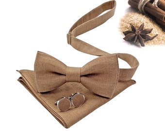 Brown Sugar Linen Bow Tie / Burnt Sugar Linen Bow Tie / Light Brown Suspenders / Cinnamon Suspenders/ Light Terracotta Cufflinks