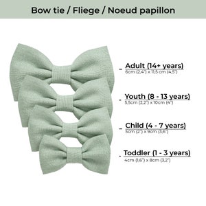 The picture shows the sizes of pretied bow ties by age.
Toddler size bow tie: 1 - 3 years
Child size bow tie: 4 - 7 years
Youth size bow tie: 8 - 13 years
Adult size bow tie: 14+ years