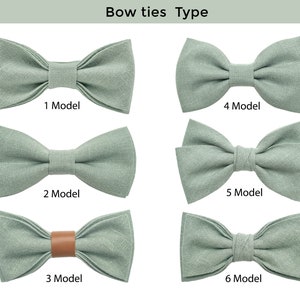 Light sage green color linen pre-tied bow ties in six various styles: classic type bow tie, bow tie with leather, butterfly style bow tie, wedding style bow tie, standard bow tie, and others.
The bow tie has an attached adjustable strap